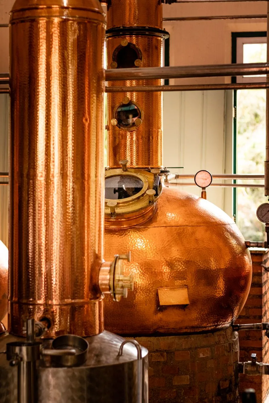 Alambic en cuivre d'une distillerie de rhum, comme ceux visibles à la Rhumerie de Chamarel
