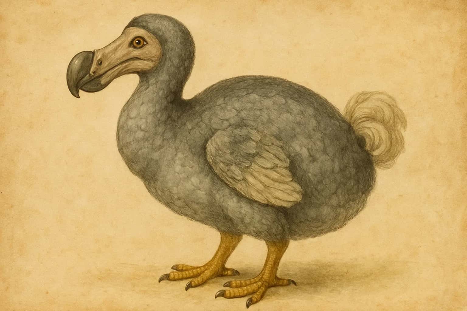 Illustration naturaliste d'un dodo de profil : bec crochu, plumage gris, pattes jaunes et touffe claire en queue