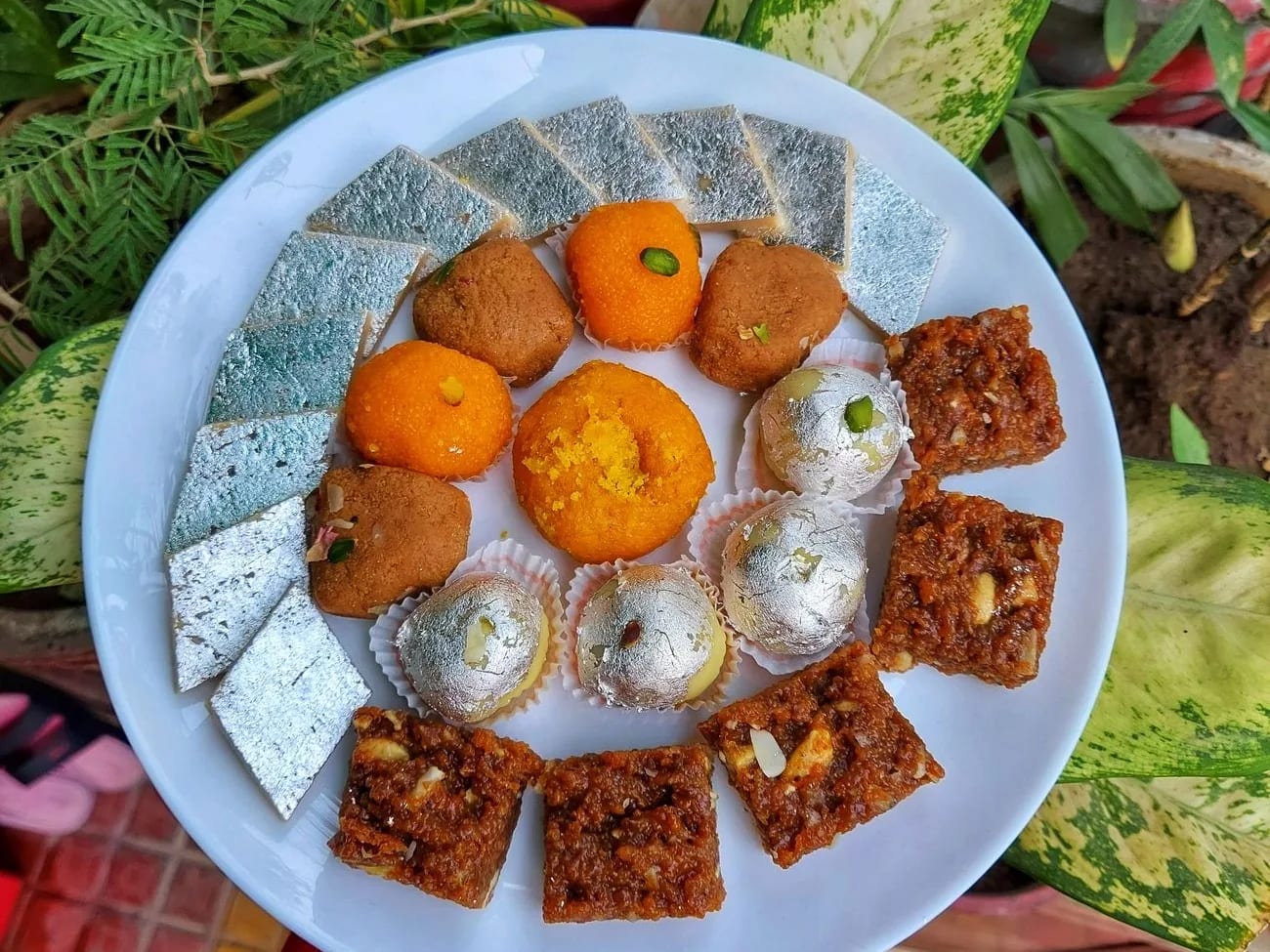 Plateau de sucreries de Divali : laddoo, barfi à la feuille d'argent et douceurs aux noix