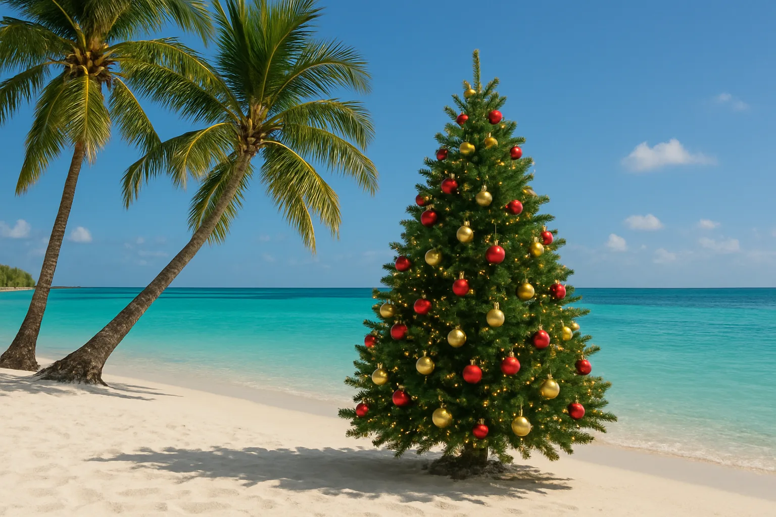 Sapin de Noël décoré de boules rouges et dorées sur une plage, entre cocotiers et lagon (illustration)