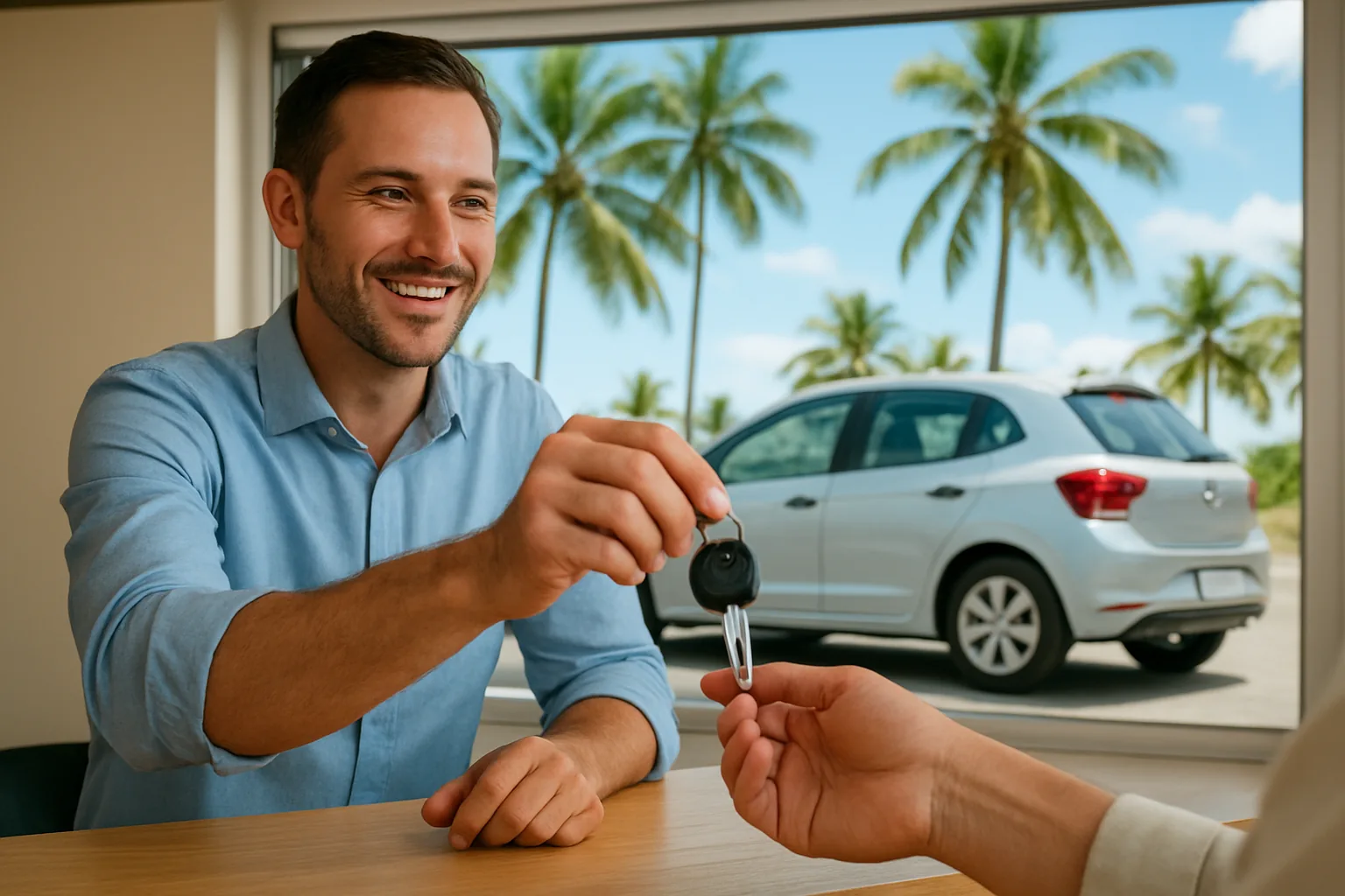 Remise des clés d'une voiture de location au comptoir d'une agence, palmiers visibles par la fenêtre