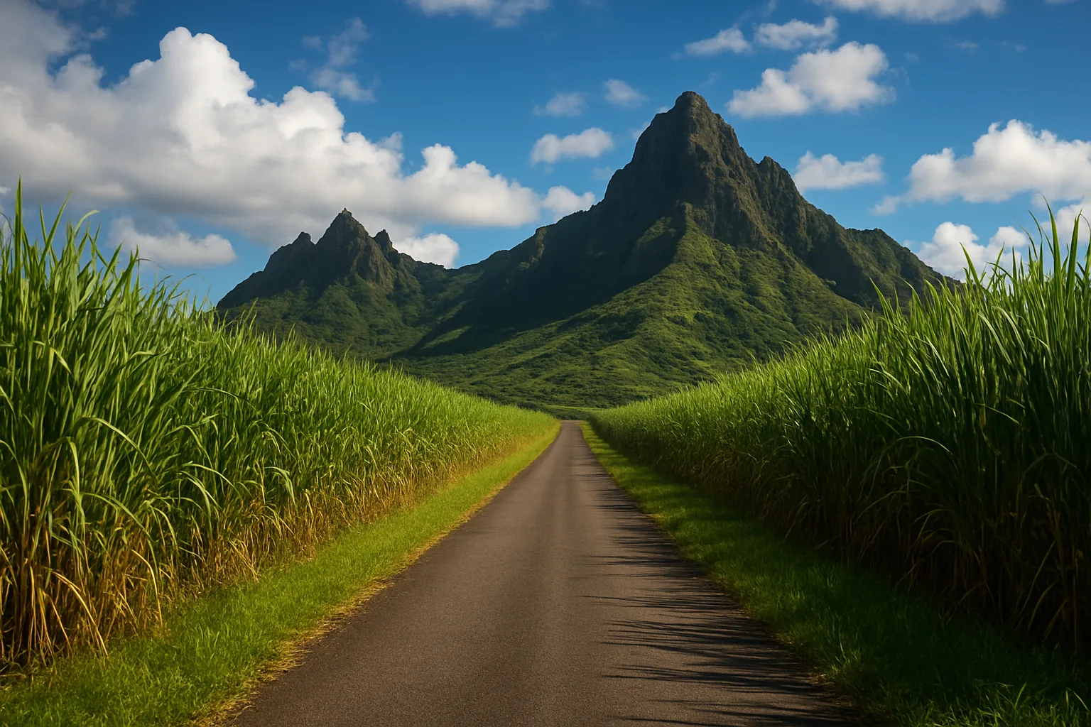 Route étroite entre deux champs de canne à sucre, montagnes volcaniques en fond, à l'île Maurice