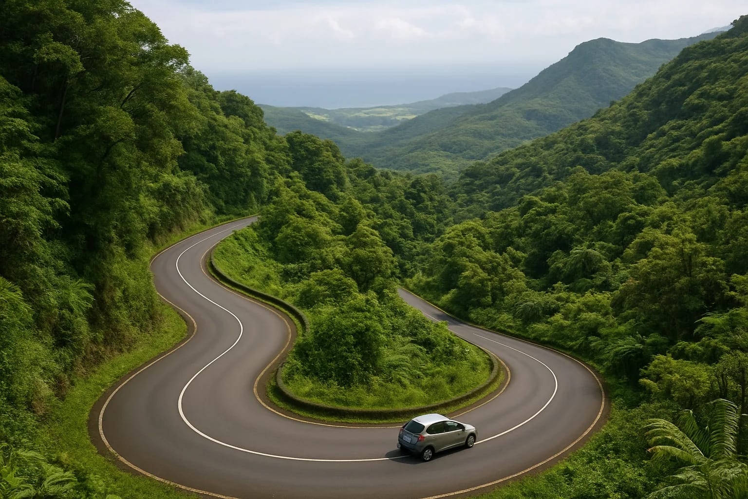 Route de montagne en lacets dans la forêt du sud-ouest de l'île Maurice, petite citadine et océan au loin