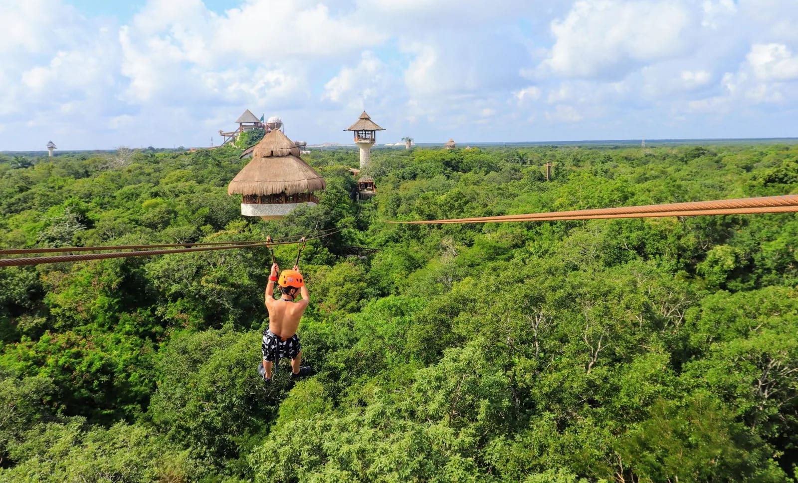 Personne en tyrolienne au-dessus de la canopée d'une forêt tropicale